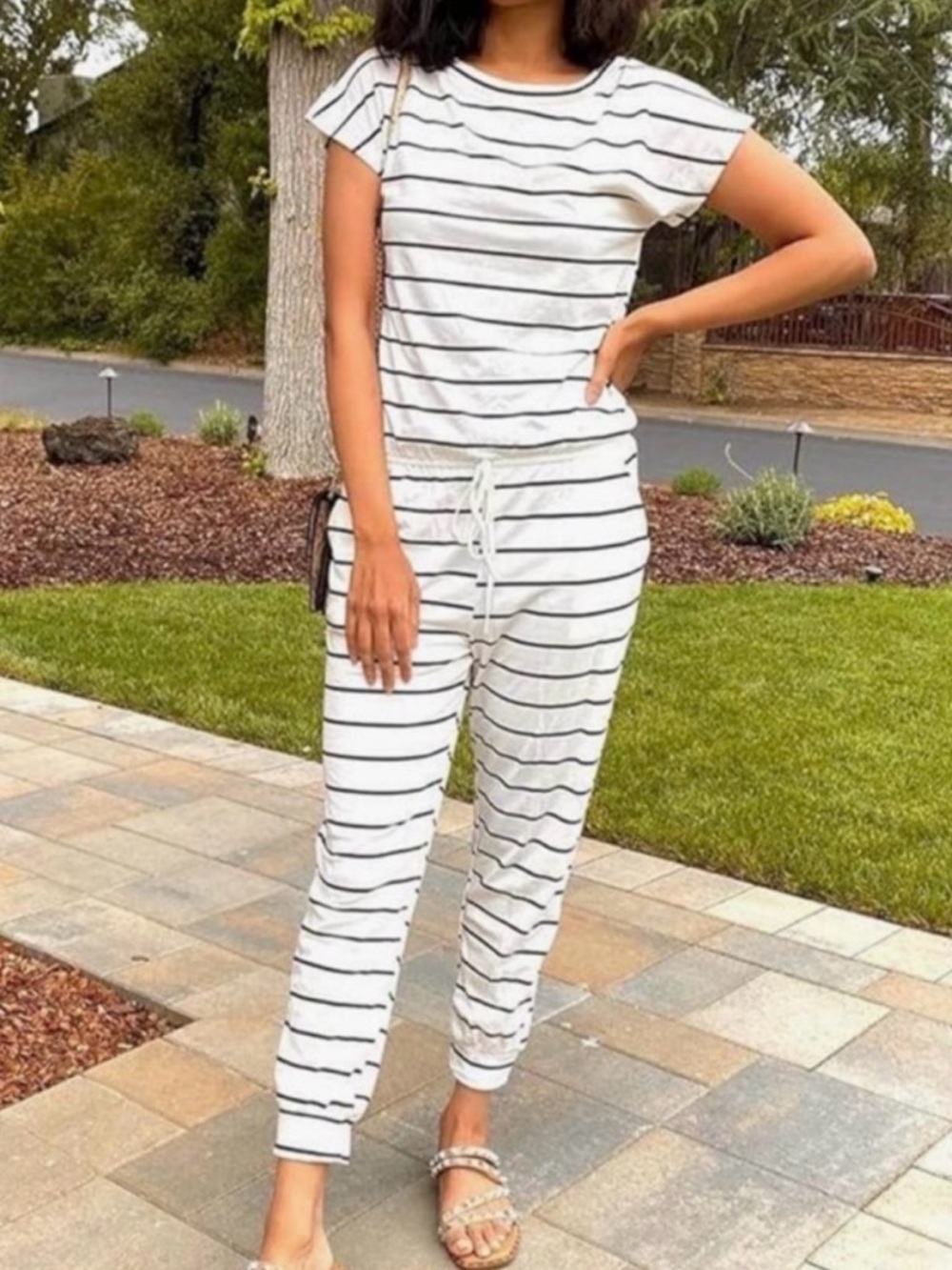 Black & White striped Women’s Jogger Jumpsuit with pockets